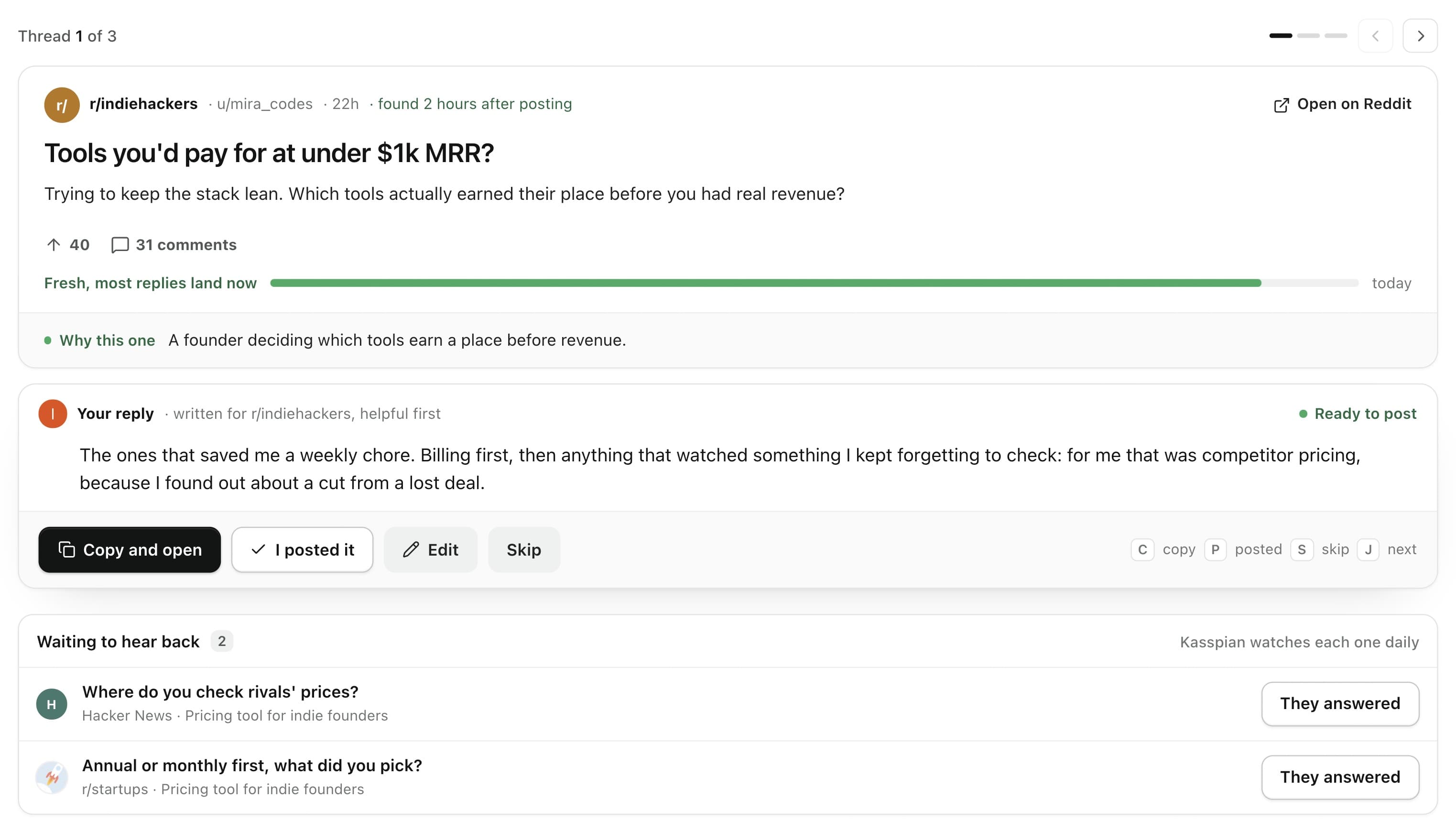 One person asking and the reply already written for them