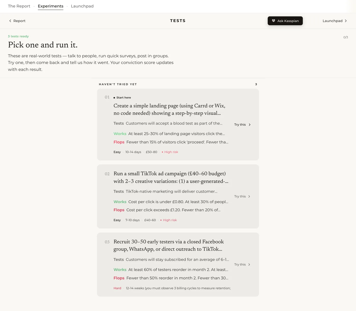 Kasspian's experiments page: three ready-to-run real-world tests, each with its Works and Flops signals, difficulty, cost and risk